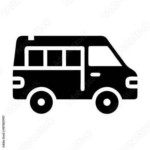 A simple black silhouette icon of a passenger van or minibus used for transport