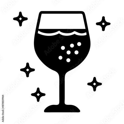A sparkling beverage in a wine glass icon, symbolizing celebration and festivity with stars