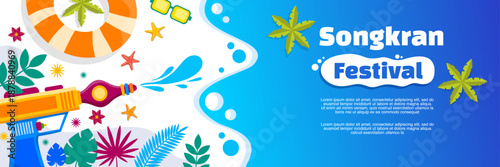 Songkran Festival summer banner with water splash tropical decoration