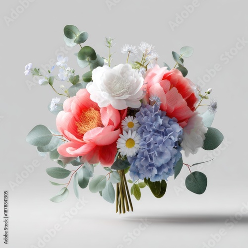 Realistic 3D render of artificial silk flower bouquet with elegant decorative arrangement for home