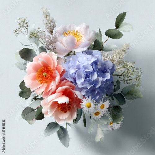 Realistic 3D render of artificial silk flower bouquet with elegant decorative arrangement for home