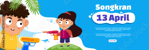 Songkran festival banner with children playing water guns outdoors