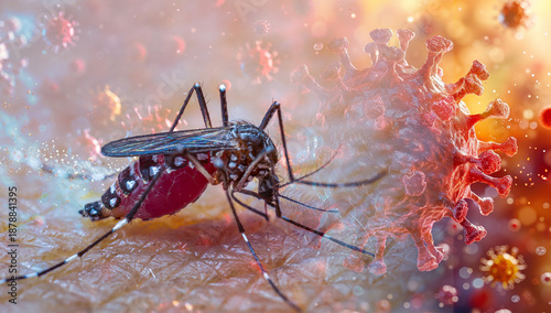 Conceptual medical illustration showing a close-up of a mosquito biting human skin to suck blood. The scene visualizes the transmission of vector-borne diseases such as Dengue fever, Malaria, or Zika 