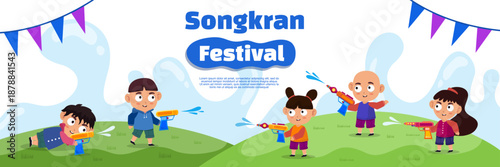 Songkran festival banner with children playing water guns outdoor