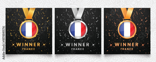 3D winner medals featuring the France blue-white-red tricolor flag design, set on a dark textured background with golden and silver confetti and glowing stars.