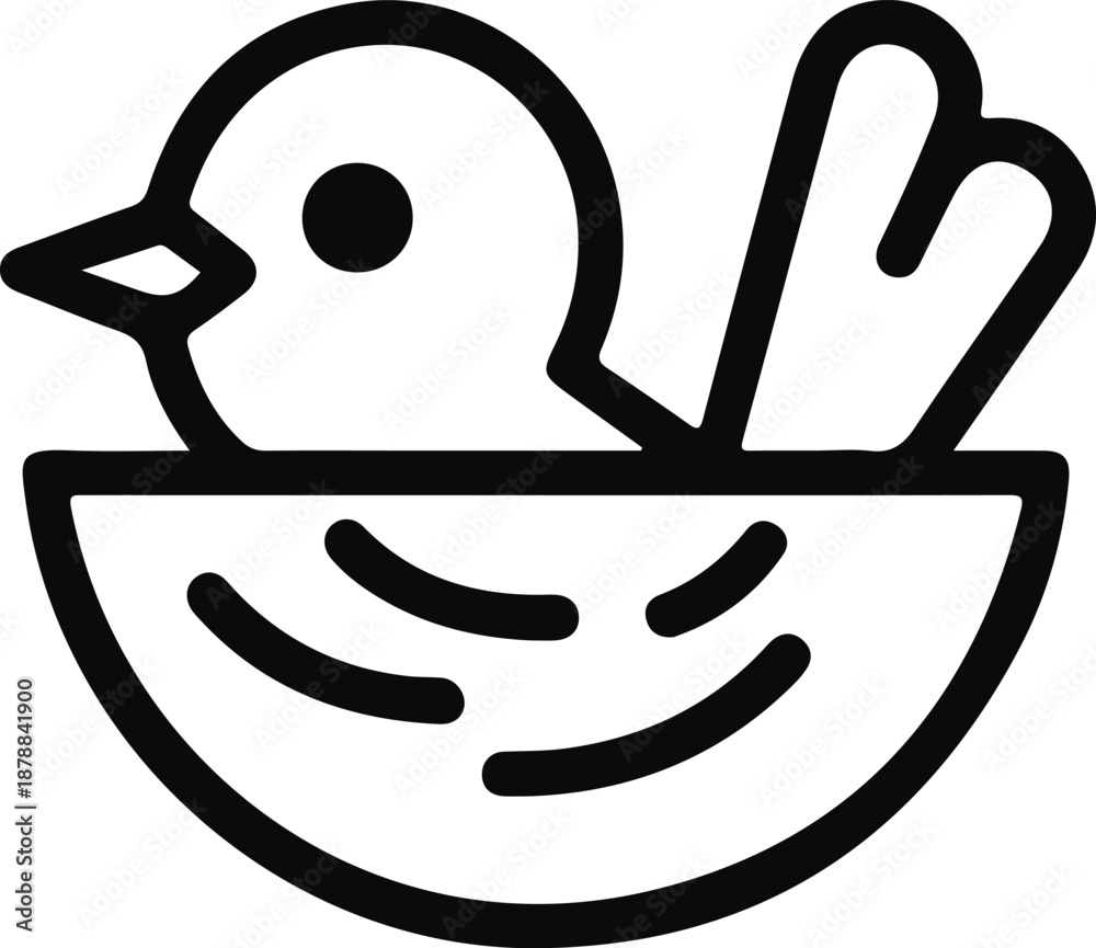 Fototapeta premium Bird Sitting in Nest Line Icon, Minimal black outline illustration of a bird sitting in a nest, symbolizing nesting, care, spring season, and simple nature concepts.