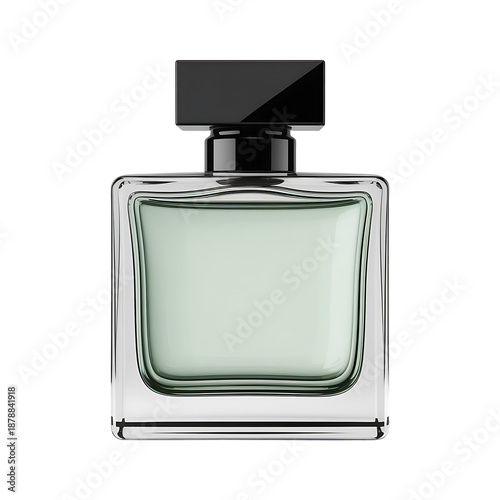 Glass perfume bottle with black cap isolated