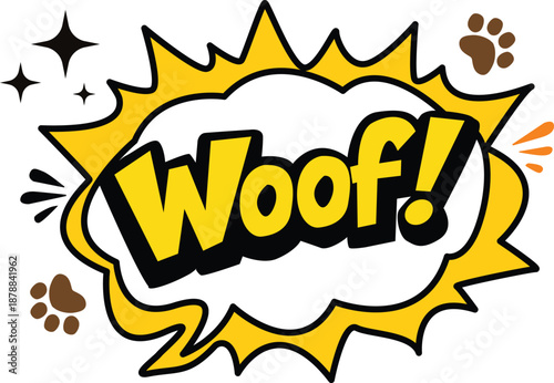 Woof text speech bubble. Comic text Woof on speech bubble. flat style.
