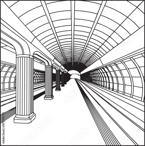 Architecture coloring page for kids and adults, black and white underground metro or subway station platform sketch line art vector illustration