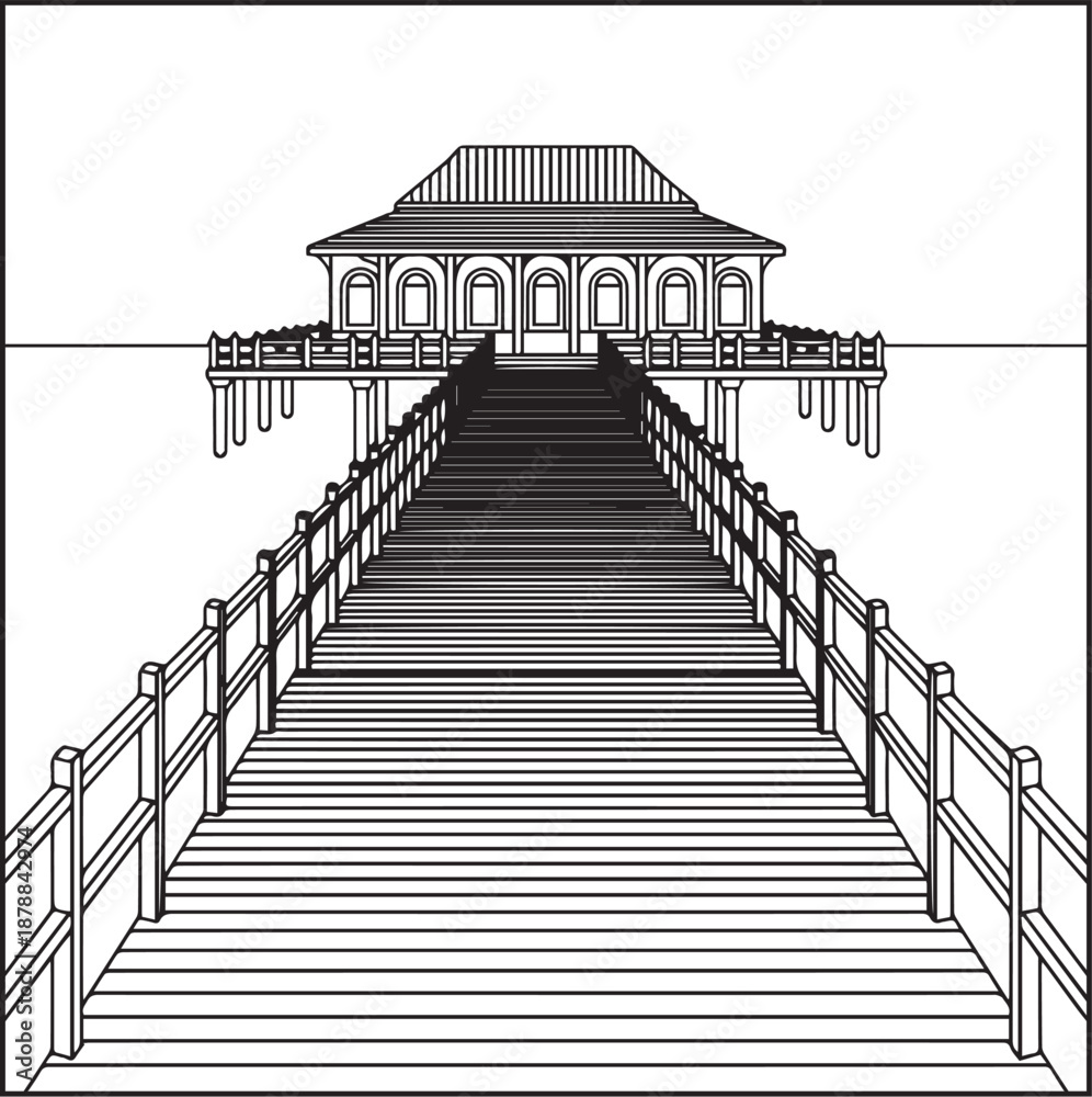Obraz premium Architecture coloring page for kids and adults, black and white sketch line art vector illustration
