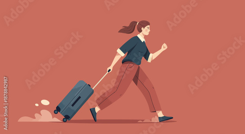 Vintage Retro Scene Hurrying Woman with Suitcase - A Dynamic Travel Moment Capturing the Rush of Departure and Journey Ahead with Flat Design
