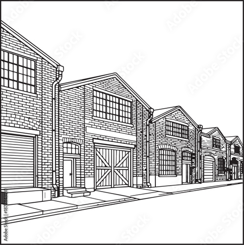Architecture coloring page for kids and adults, black and white row of old industrial brick warehouses in street perspective sketch line art vector illustration
