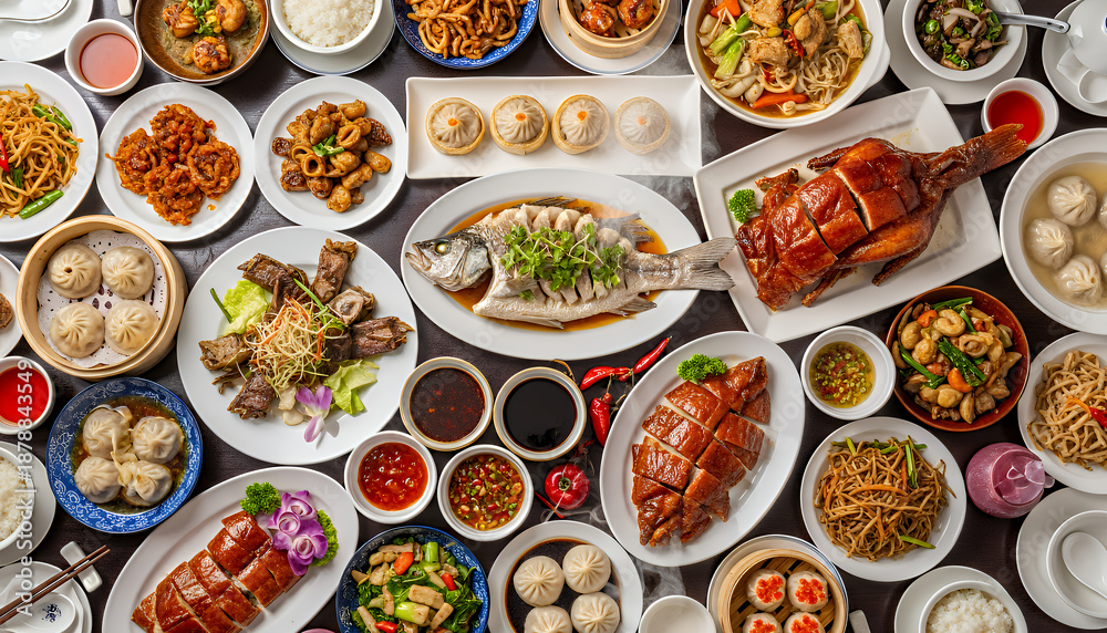 Fototapeta premium Traditional Chinese banquet dishes arranged on a table, featuring roast duck, whole steamed fish, dumplings, noodles, rice, vegetables, and dipping sauces, presented for festive dining and sharing.