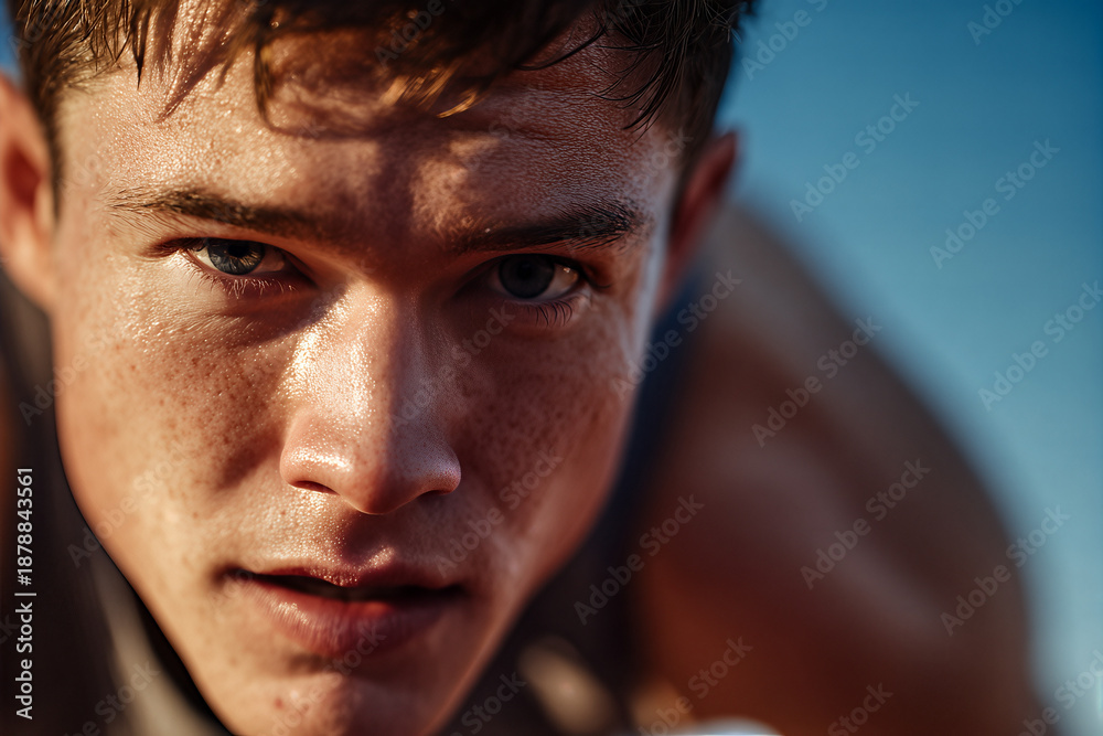 Fototapeta premium Close-up portrait of a determined young male athlete sweating and focused during intense training, showcasing grit, concentration, and endurance