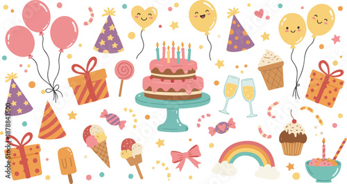 Colorful birthday party celebration with cake and treats