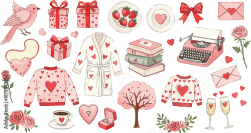 Valentine s day themed illustrations with gifts hearts and flowers