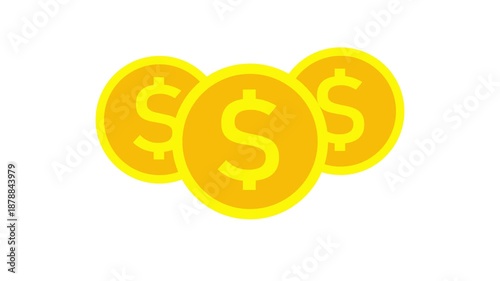 Three Golden Dollar Coins on white Background. Animated video 4K