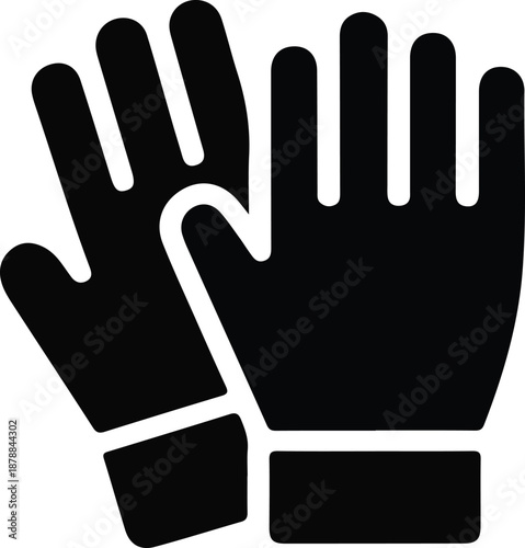 Black work gloves safety icon, Simple black silhouette of protective gloves symbolizing safety, workwear, and cold weather hand protection, isolated on a white background.

