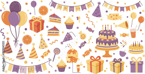 Birthday celebration elements including cakes balloons gifts and decorations
