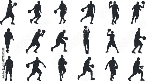 Black silhouettes of professional male basketball players in various athletic action poses including dribbling shooting and jumping isolated on white background for sports competition
