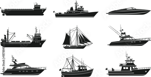 Collection of black ship and boat silhouettes including cargo vessels fishing trawlers luxury yachts and speedboats isolated on white background for marine transportation design