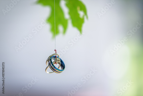 Blue and White Gold Diamond Wedding Rings Hanging on a Fish Hook