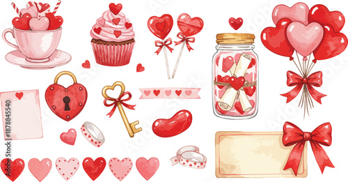 Valentine s day themed illustrations with hearts and sweet treats