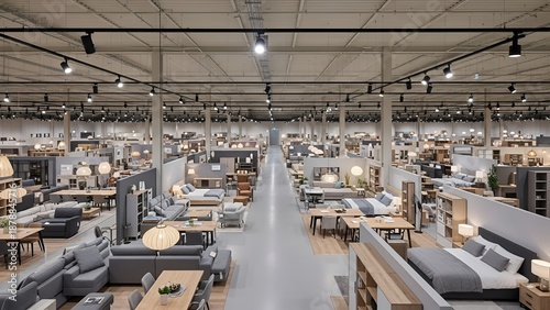 huge furniture shop interior with furniture, neutral colors. horizontal composition. lamp lights. front view, a lot of furniture. photorealistic, MODERN furniture