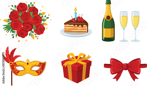 Celebration icons including strawberries cake champagne gift and masquerade