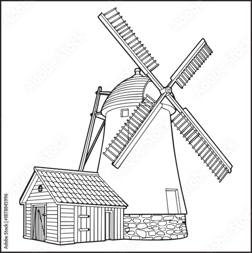 Architecture coloring page for kids and adults, black and white traditional windmill building with large blades sketch line art vector illustration