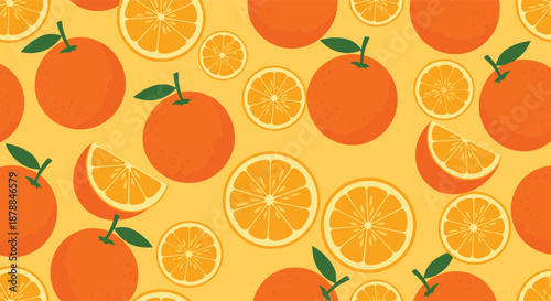Bright and cheerful seamless pattern featuring whole oranges and neatly cut orange slices scattered across a vibrant yellow background.