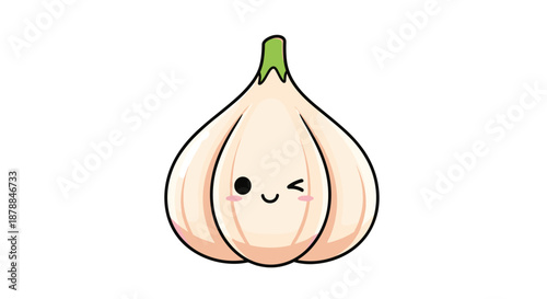 A cute cartoon garlic head with a friendly winking face and rosy cheeks, featuring a green stem on a white background.
