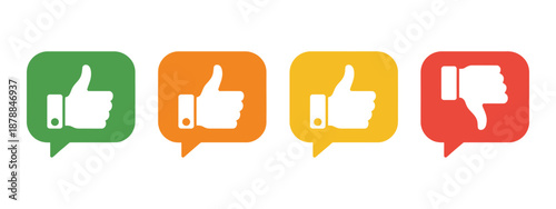 Thumb Icons vector illustration of rating symbols, feedback bubbles, including thumb up, thumb down, and neutral thumb on white background.