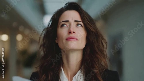 Anxious Glance: Portrait of a woman, face displaying a mix of concern and contemplation, she appears lost in thought, the subtle lines revealing stress or worry.