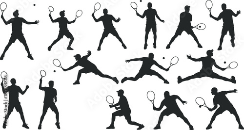 Large collection of black silhouettes featuring various male tennis players in action poses including serving volleying and sprinting for professional sports competition and athletic recreation design