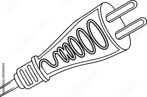 Copper coil energy line art, EV plug where the handle and coils winding toward the pins, vector outline illustration