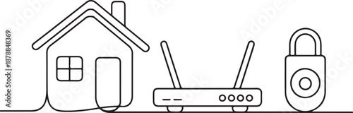 Digital technology connection line art with smart home, router Wi-Fi and door lock, vector illustration