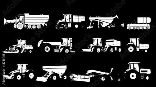 Flat black agricultural equipment illustration pack with bold dark outlines and solid fill colors, no visible textures, featuring a clean and minimalist vector style, emphasizing simplicity and clarit