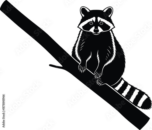 Raccoon silhouette, tree branch, wildlife scene, black illustration, bushy tail, masked face, forest animal, perched raccoon, nature moment, artistic composition, outdoor setting