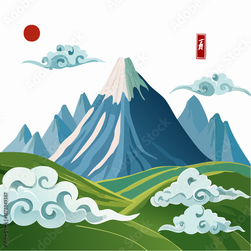 Serene Asian Landscape with Majestic Mountain and Clouds Vector Illustration