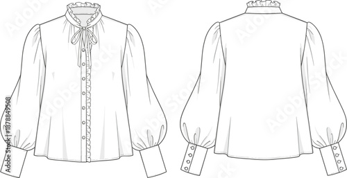 Blouse fashion sketch, ruffled collar design, bow tie neckline, garment template, stylish apparel illustration, elegant clothing outline, flat vector illustration