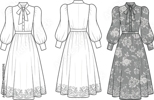Elegant fashion dress design, puffed sleeves, bow collar, floral pattern, garment sketch, stylish clothing template, apparel illustration, flat vector illustration