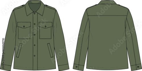 Military jacket fashion sketch, pointed collar design, epaulet detail garment, apparel template, stylish outerwear illustration, flat vector illustration