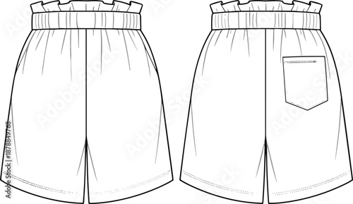 Ruffled waistband shorts fashion sketch, high waist garment design, apparel template, stylish clothing illustration, flat vector illustration