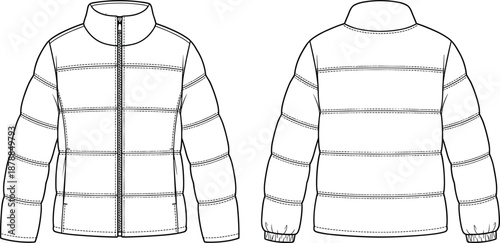 Puffer jacket fashion sketch, quilted coat design, garment template, winter apparel illustration, technical flat drawing, stylish outerwear outline, flat vector illustration