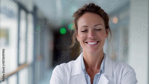 Smiling Doctor in Corridor: Capturing a moment of optimism, a skilled doctor stands in a bright corridor, her genuine smile radiating warmth and assurance.