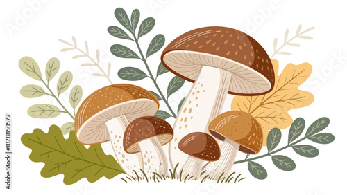 A Group of Mushrooms with Leaves and Stems