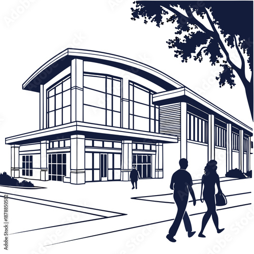 Modern building with pedestrians