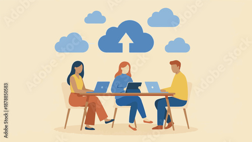 Business team working on devices, connected to cloud computing network