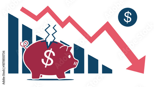 Cracked Piggy Bank With Falling Financial Graph